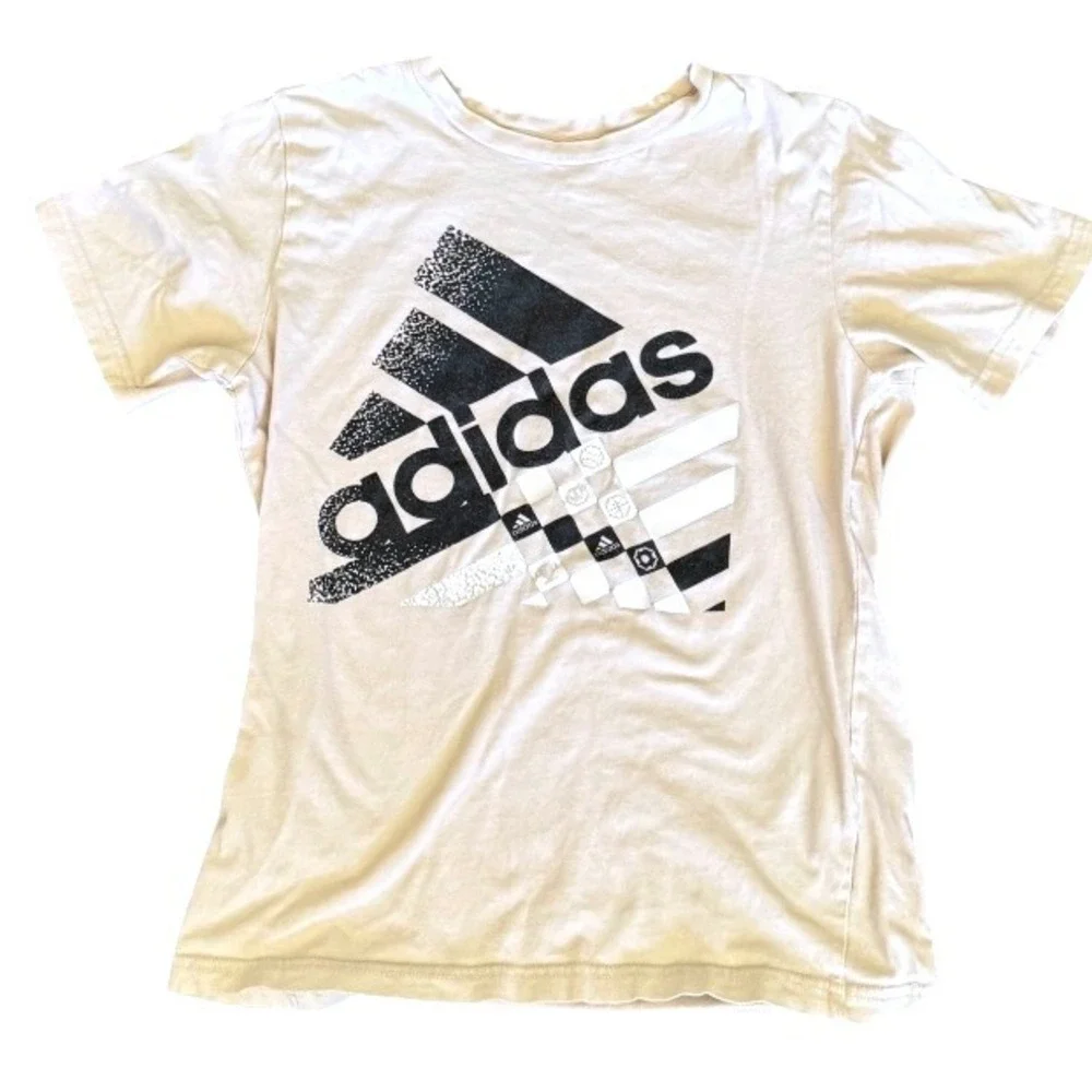 Adidas Graphic T Shirt Kids Medium Beige Good Trefoil Logo Sporty Casual Top